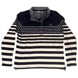 LL Bean Polo Shirt Mens Large White Blue Striped Rugby Long Sleeve Heavy Cotton